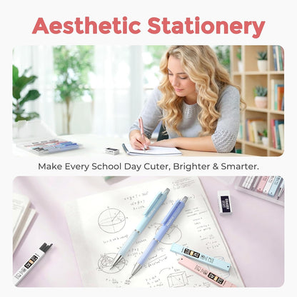 Nicpro 3PCS Cute Mechanical Pencil Set with Case, 0.7 mm Pencils with 6 Tube HB Lead Refill, 3PCS Eraser, 9PCS Eraser Refill for School Supplies Student Writing, Drafting Drawing Sketching