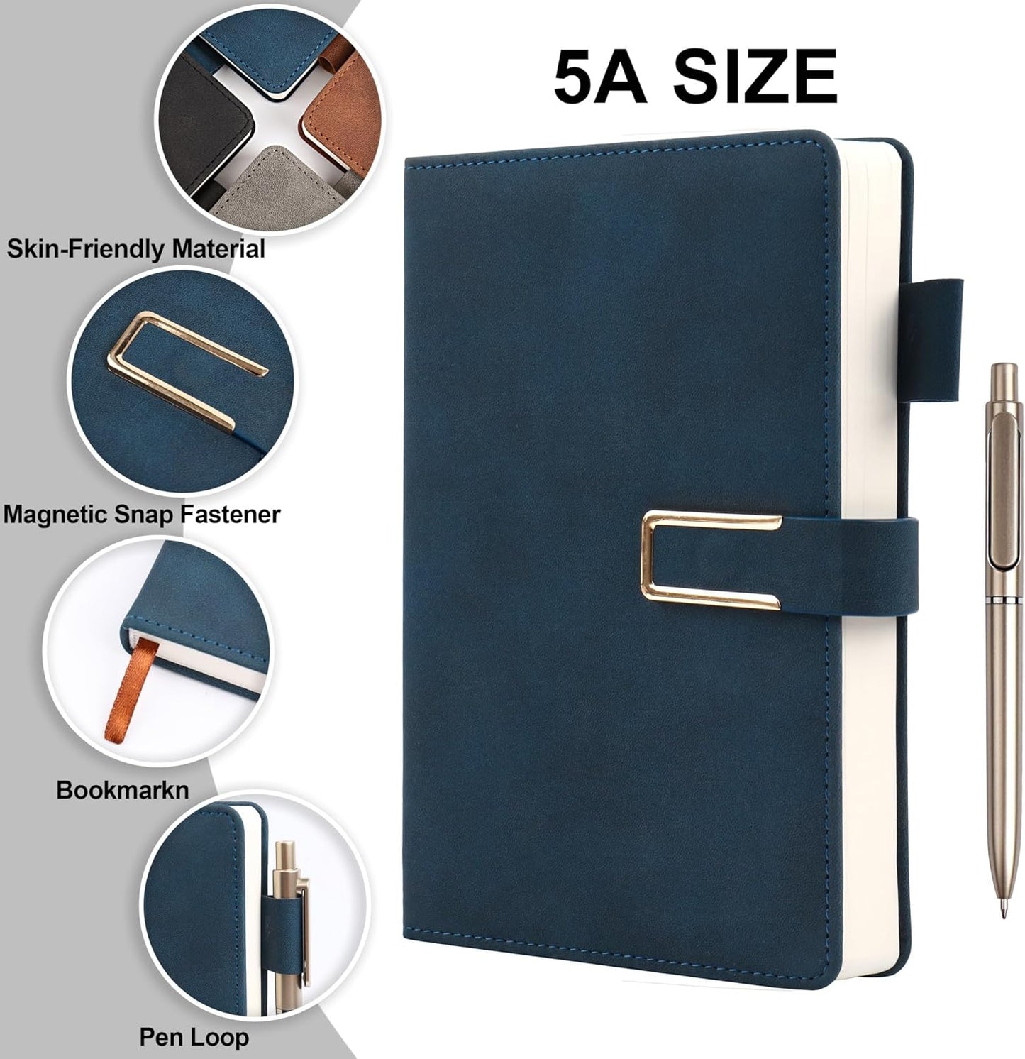 Hardcover Lined Notebook Journal for Women & Men,256 Pages 5.7 x 8.3 inches,A5 Ruled Notebooks Magnetic Closure Leather Journal,Daily for Work,Meeting,Travel,Writing,School and Note Taking (Gray)