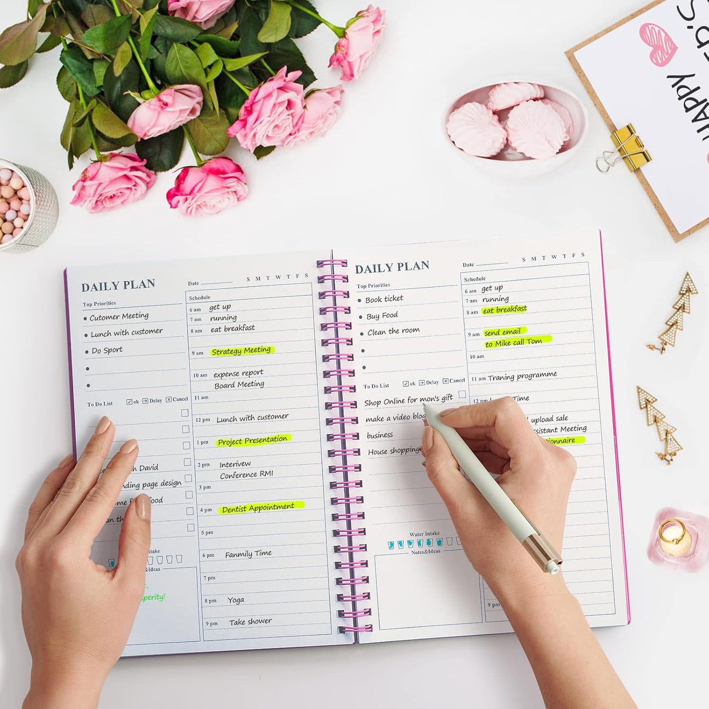 Daily Planner Undated, Asten To Do List Notebook Hourly Schedules Spiral Appointment Planner for Men and Women,PVC Hardcover,Elastic Closure, Inner Pocket 8.3" x 5.8" (Black)