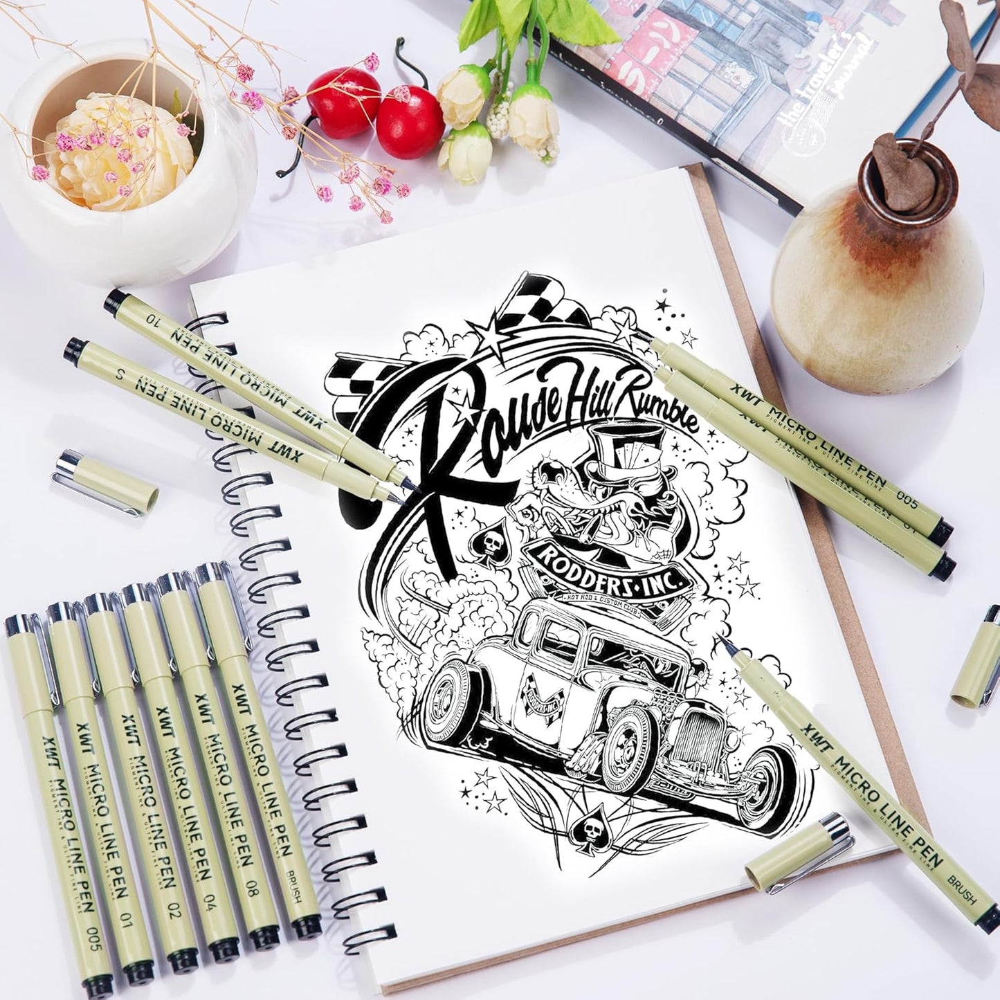 12+1 Fineliner Drawing Art Pens, Black Waterproof Pigment Ink Set for Artists, Sketching, Manga, Watercolor, Calligraphy, and Detail Outlining Archival Quality Inking Markers