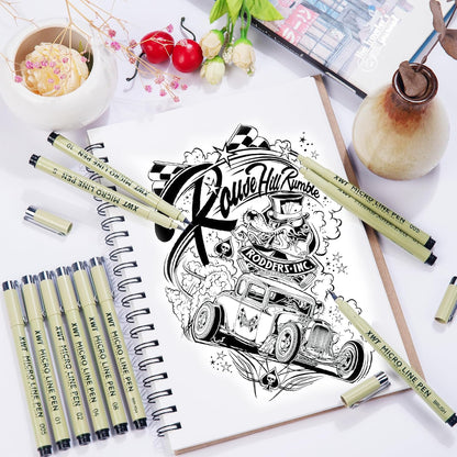 12+1 Fineliner Drawing Art Pens, Black Waterproof Pigment Ink Set for Artists, Sketching, Manga, Watercolor, Calligraphy, and Detail Outlining Archival Quality Inking Markers