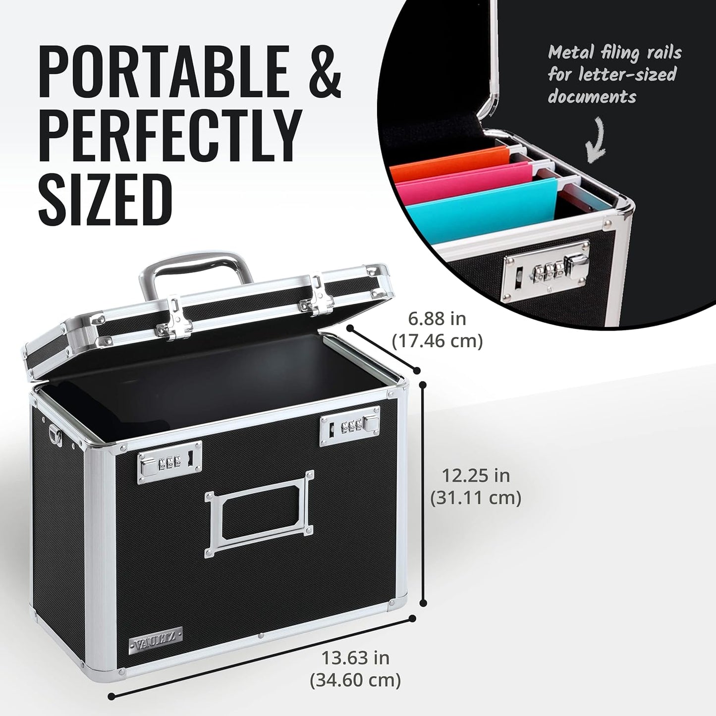 Vaultz File Organizer Storage Box - 14 x 7 x 12.19 Inch Letter Size, Portable Locking Storage Totes with Dual Combination Locks for Filing Office Documents - Black