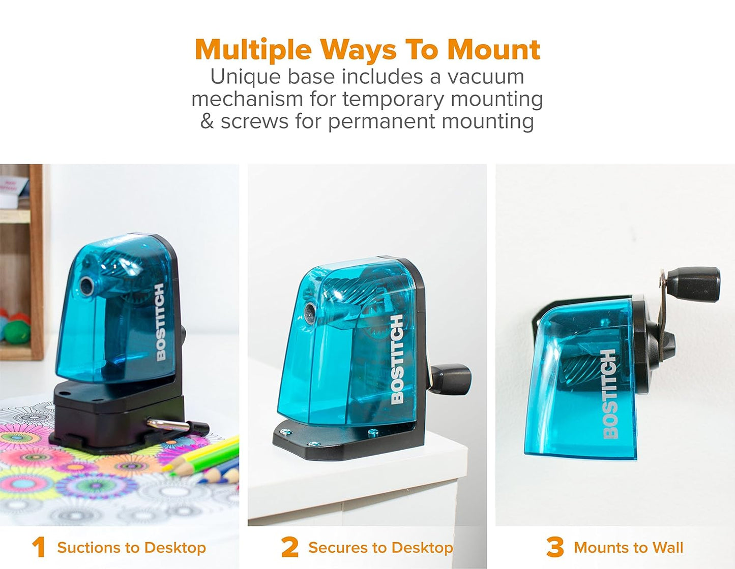 Bostitch Office Multi-Mount Manual Pencil Sharpener, Vacuum Mount or Screw Mount, Black (MPS2-BLK)