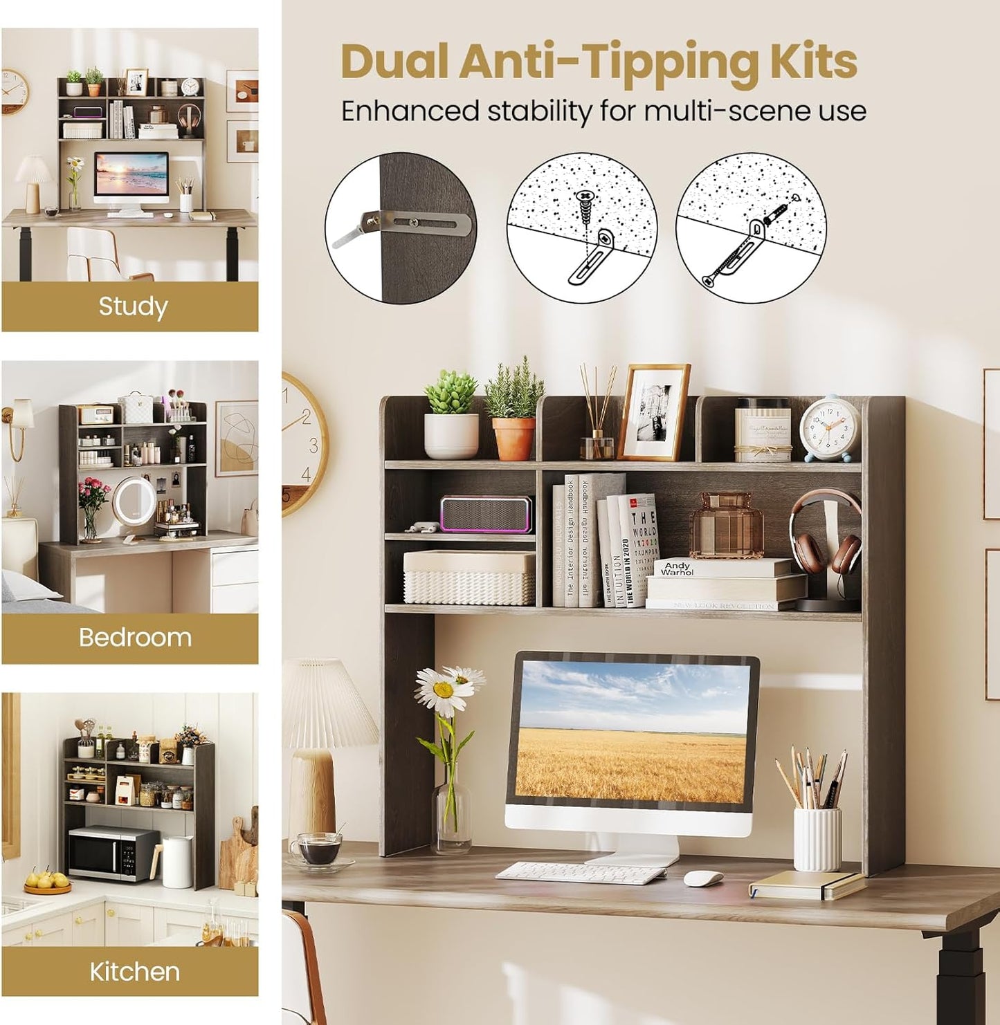 Tangkula Desktop Bookshelf, Countertop Storage Hutch with 5 Shelves for Computer Desk, Desk 3-Tier Display Rack, Multipurpose Wood Desktop Hutch Storage Organizer for Dorm Office Home