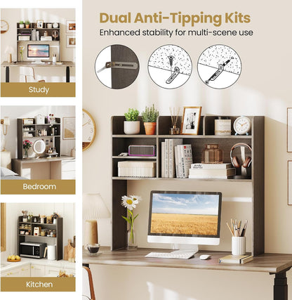 Tangkula Desktop Bookshelf, Countertop Storage Hutch with 5 Shelves for Computer Desk, Desk 3-Tier Display Rack, Multipurpose Wood Desktop Hutch Storage Organizer for Dorm Office Home