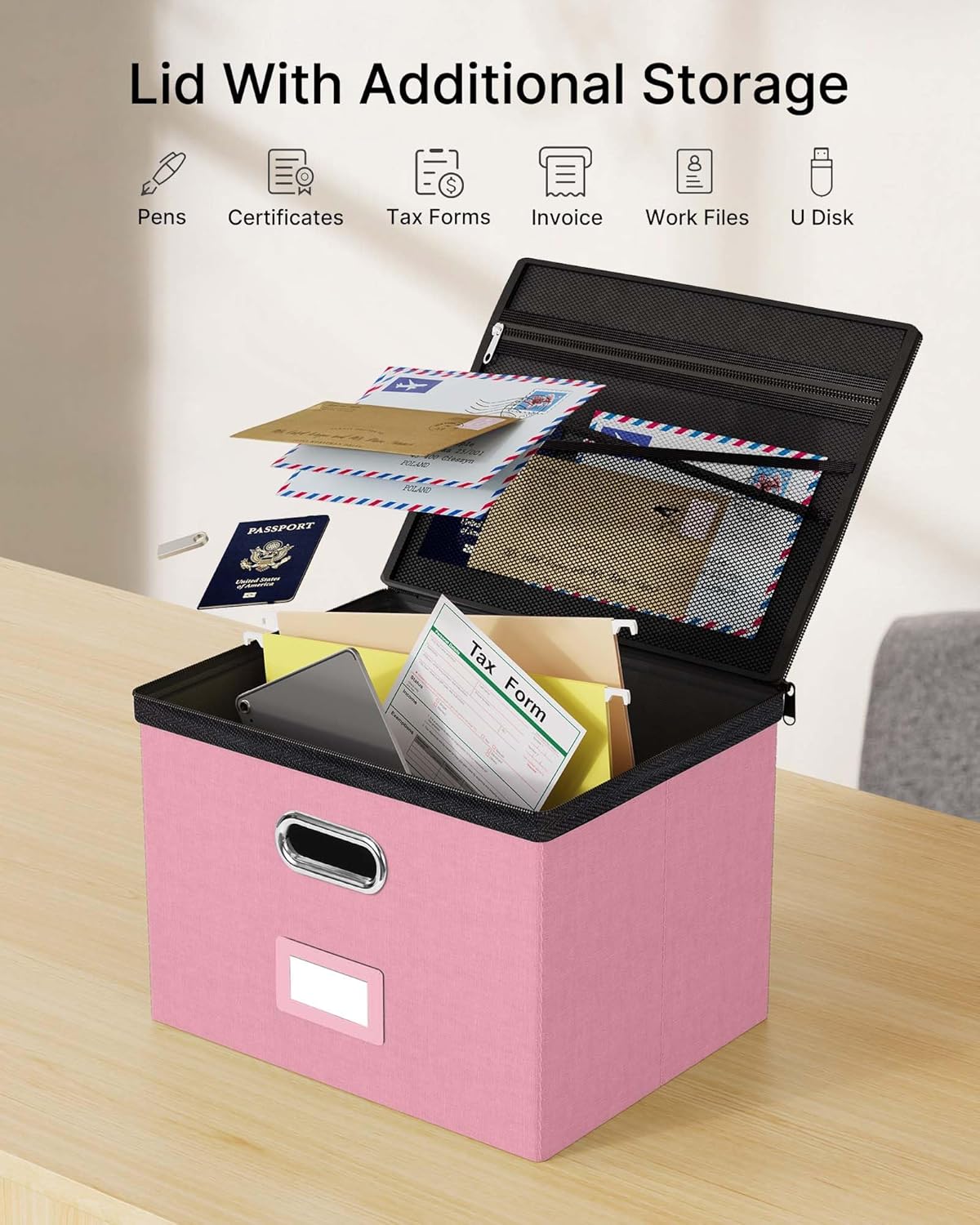 Oterri 2 Pack File Organizer Boxes with Lids, File Box with Mesh Pockets, Document Organizer Box for File Folders Letter Size, Zippers Filing Box for Home, Office, School (Green, Without Folders)