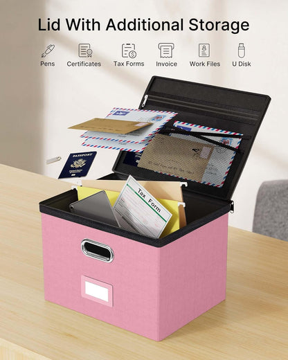 Oterri 2 Pack File Organizer Boxes with Lids, File Box with Mesh Pockets, Document Organizer Box for File Folders Letter Size, Zippers Filing Box for Home, Office, School (Green, Without Folders)