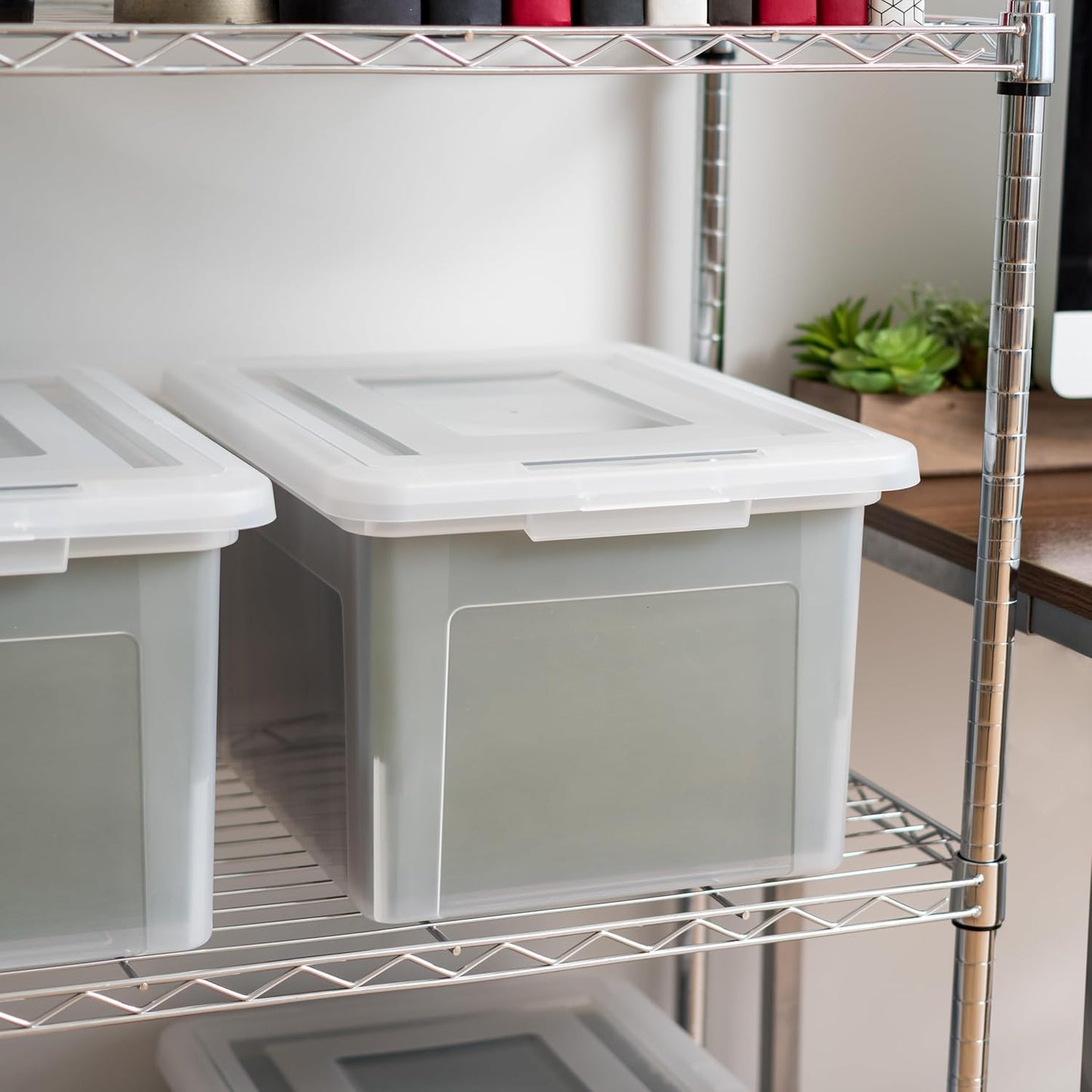 IRIS USA File Box, Plastic File Boxes With Lids, Document Organizer for Letter/Legal File, Document Box, Storage Bin For Hanging Files, Secure Latching Lid Stackable BPA-Free, Clear 35 Qt. 1 Pack