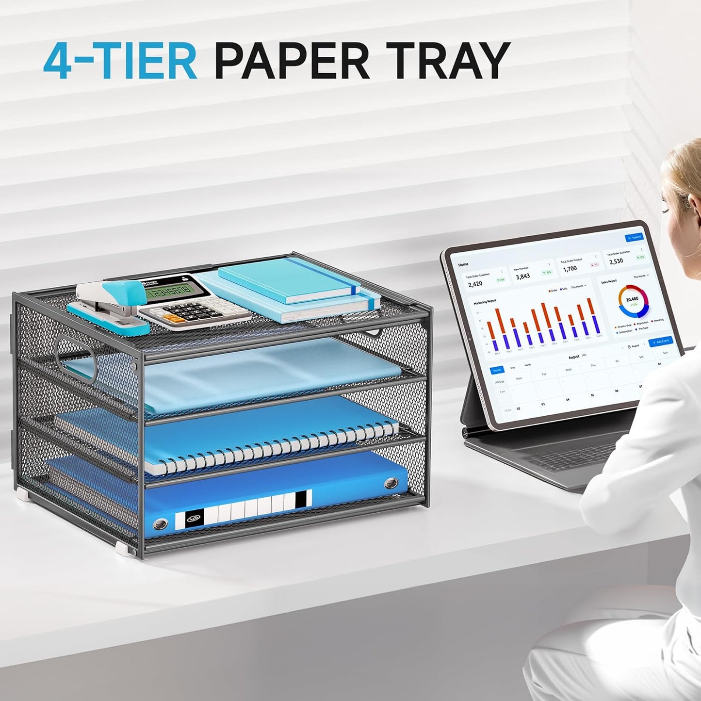 Lavatino 3-Tier Letter Tray Desk Organizer, Mesh Metal Paper File Tray Organizer for Desk, Office Supplies & Home Organization, Fits A4 Paper, Mail, Magazines & Office Accessories (Black with Handle)