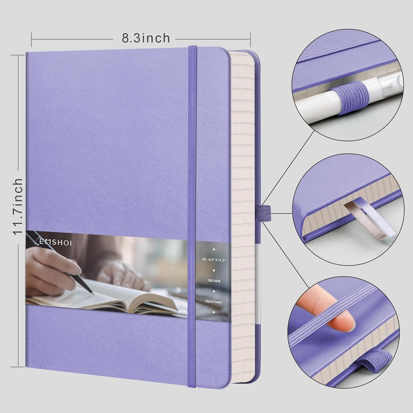 EMSHOI A4 College Ruled Notebook, Large 8.3" x 11.7", 192 Pages 100GSM Ink-Proof Faux Leather Hardcover Lay-Flat Lined Journal for Office School Work Writing, Black