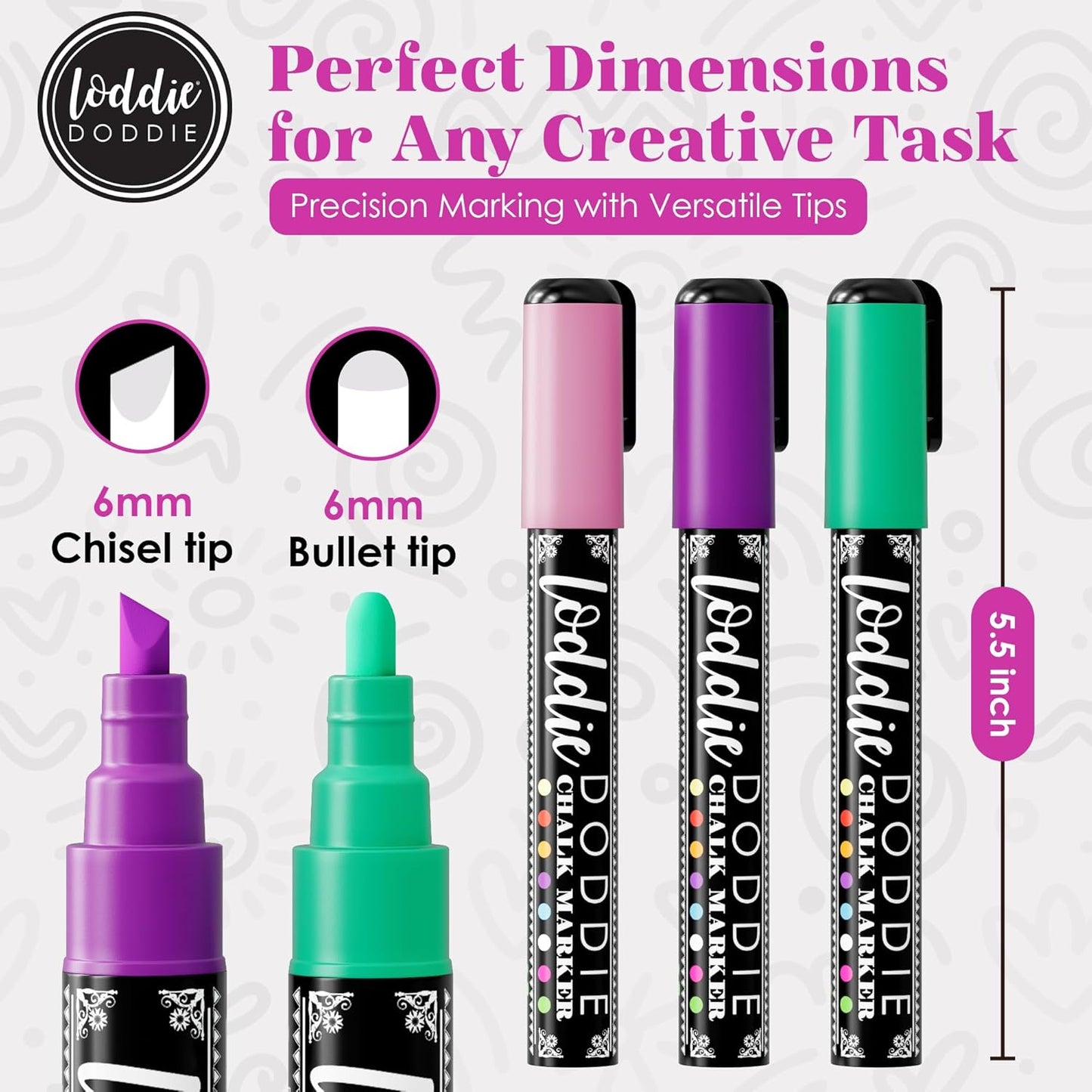 Loddie Doddie Chalk Markers - Pack of 24, 6mm Reversible Tips - Liquid Chalk Pens for Glass Surfaces & Windows - Erasable Pens for Chalkboard Calendar - Non-Toxic Chalkboard Markers