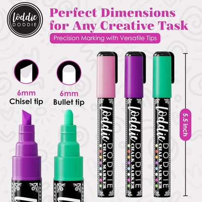 Loddie Doddie Chalk Markers - Pack of 24, 6mm Reversible Tips - Liquid Chalk Pens for Glass Surfaces & Windows - Erasable Pens for Chalkboard Calendar - Non-Toxic Chalkboard Markers