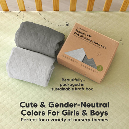 2-Pack Waterproof Crib Mattress Protector Cover Fitted - Quiet Baby Crib Mattress Pad Sheets, 52" x 28" Soft Quilted Cotton Baby Sheet, Machine Washable, Easy Fit, Durable (Soft White/Mavy)