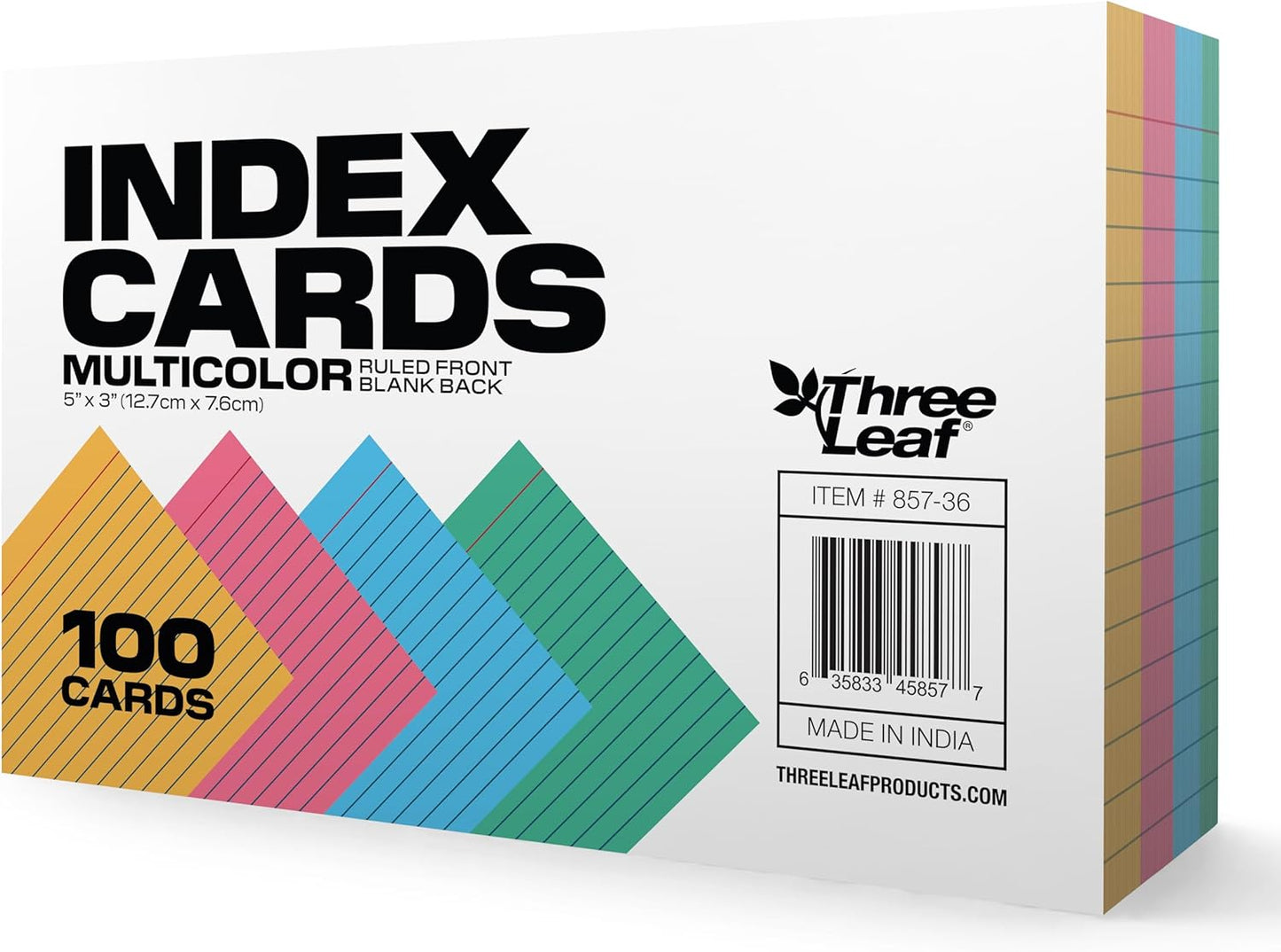 THREE LEAF 3 X 5, INDEX CARDS RULED, 100 CT. WHITE, Ruled Flash Cards, Study Card, Memo Pad, For To-Do List, Art And Craft Projects