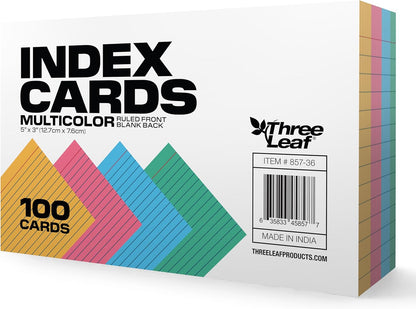 THREE LEAF 3 X 5, INDEX CARDS RULED, 100 CT. WHITE, Ruled Flash Cards, Study Card, Memo Pad, For To-Do List, Art And Craft Projects