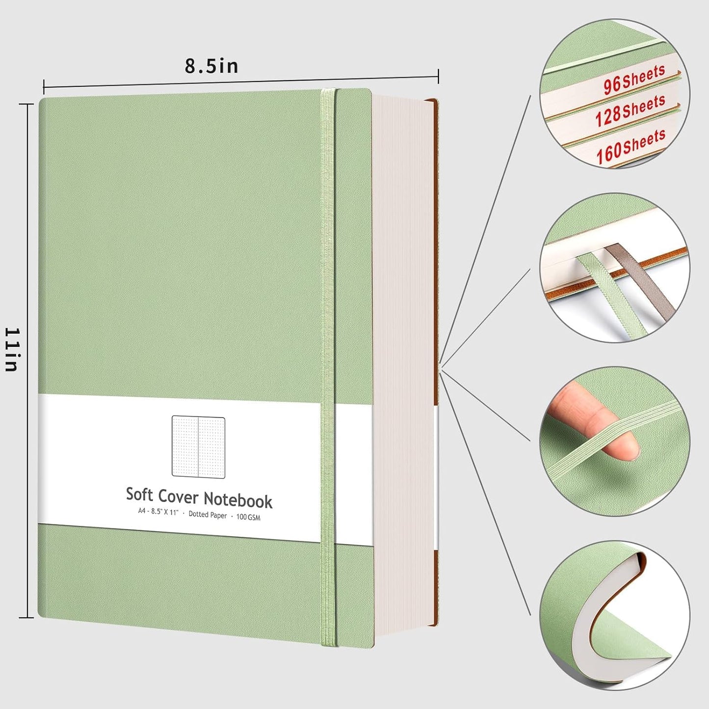 AHGXG Graph Paper Notebook - Grid Paper Notebook Large A4 8.5''×11'', 320 Pages Thick Journal, 100gsm Thick Graph Paper, Leather Softcover, Inner Pocket - Black