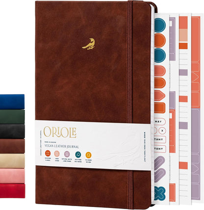 Oriole Vegan Leather Ruled Notebook - Chestnut Brown | 176 Pages of Thick Lined Paper | Soft Touch Hardcover Journal (5 x 8 in) with Gold Foil Bird Design & Luxury Gift Box