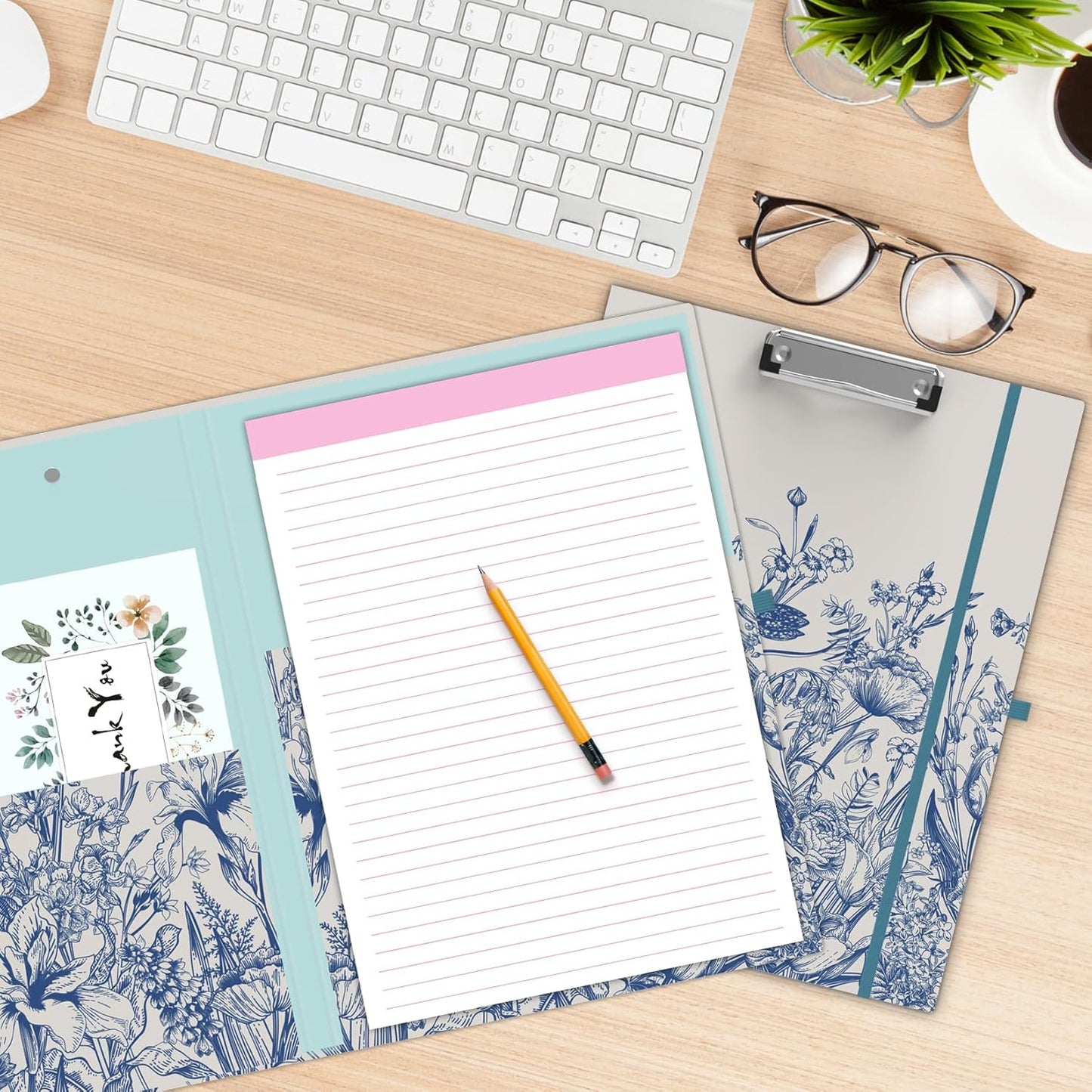 A4 Cute Clipboard Folio with Notepad Clipfolio and Interior Storage, Foldable Nursing Legal Size Clipboards for Work/Kids/Teachers - Almond Tree