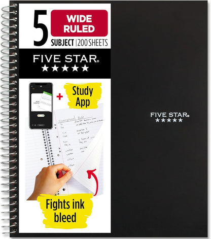 Five Star Spiral Notebook + Study App, 5 Subject, Wide Ruled Paper, 8" x 10-1/2", 200 Sheets, Fights Ink Bleed, Water Resistant Cover, Tidewater Blue (73196)
