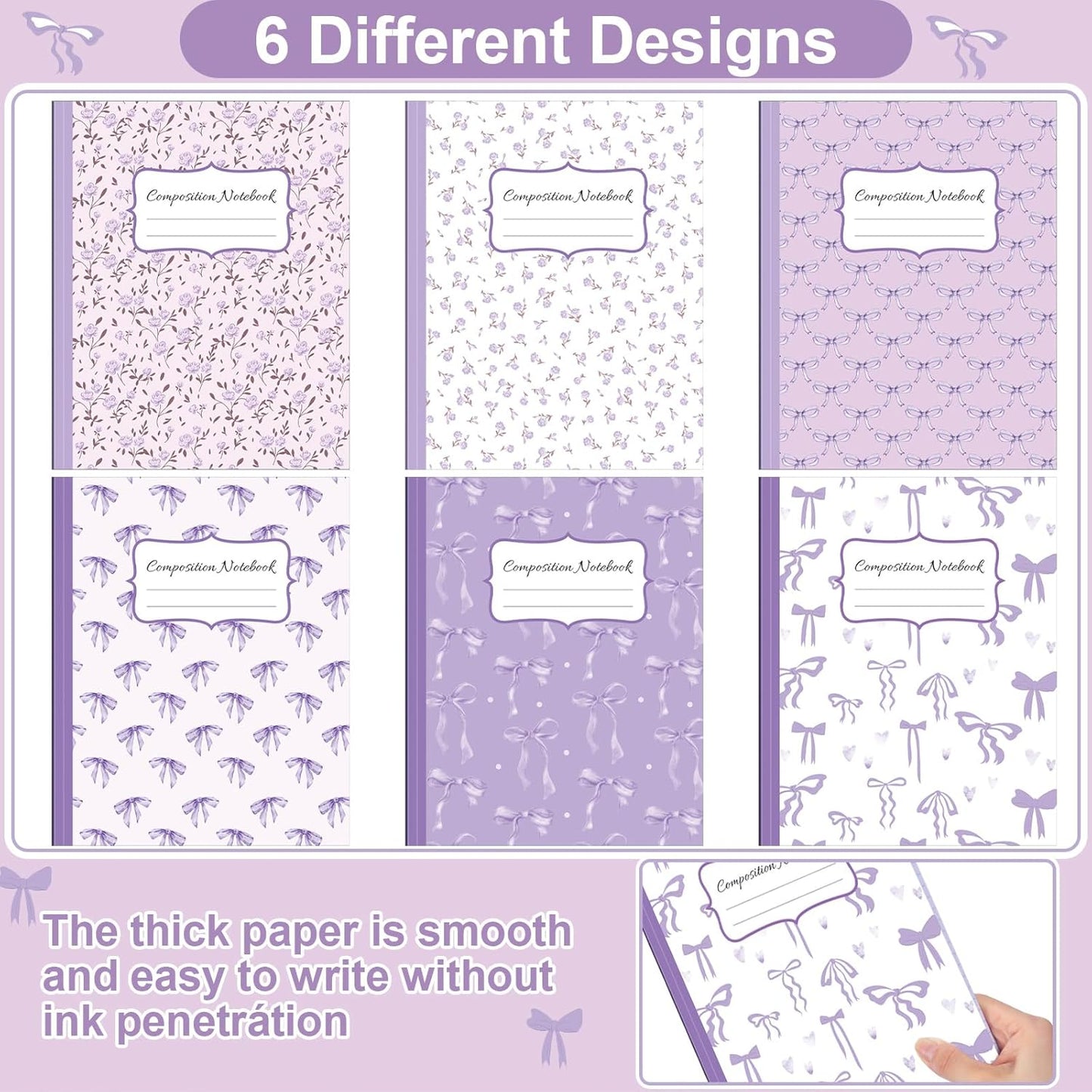 Fullhawl 6 Pcs Bow Composition Notebooks, Preppy Coquette Notebook College Ruled Journal, 110 Page, Cute Back to School Gift for Teacher, Student, First Day of Schooll(Pink,9-3/4 x 7-1/2")