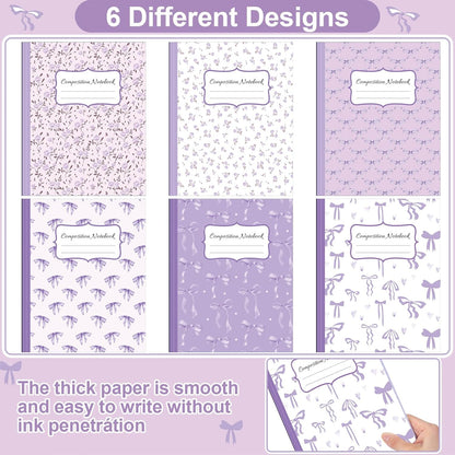 Fullhawl 6 Pcs Bow Composition Notebooks, Preppy Coquette Notebook College Ruled Journal, 110 Page, Cute Back to School Gift for Teacher, Student, First Day of Schooll(Pink,9-3/4 x 7-1/2")