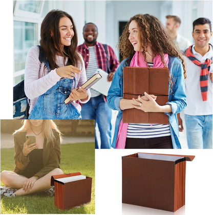 PerKoop 5 Pcs Expanding File Folder with Flap 7 Inch Expansion Expanding File Wallet with Elastic Cord Closure Letter Size Heavy Duty Document Organizer, 10 Slots, Brown