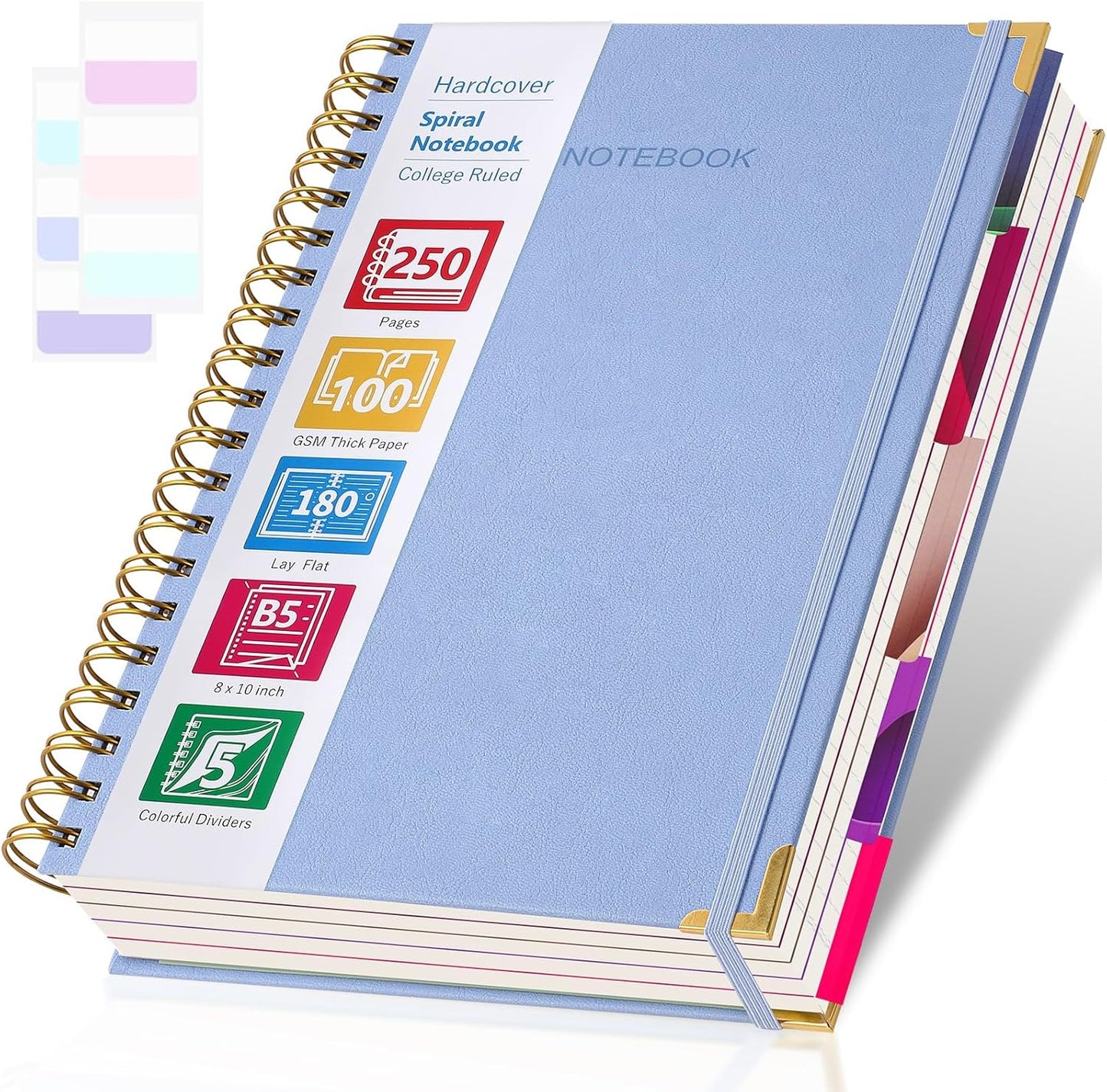 College Ruled Notebook, Spiral Notebook, Leather Hardcover Notebook Journal for Women Men, 5 Subject Notebook with Dividers, Journaling Notebooks for Work School, B5 Lined Notebook, 8" x 10", Teal