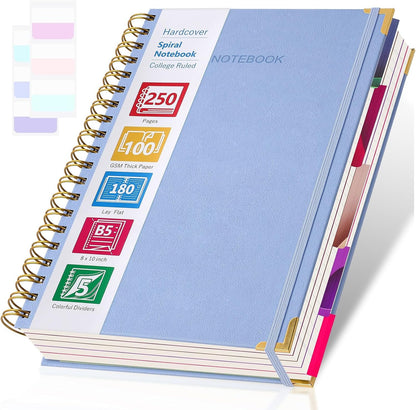 College Ruled Notebook, Spiral Notebook, Leather Hardcover Notebook Journal for Women Men, 5 Subject Notebook with Dividers, Journaling Notebooks for Work School, B5 Lined Notebook, 8" x 10", Teal