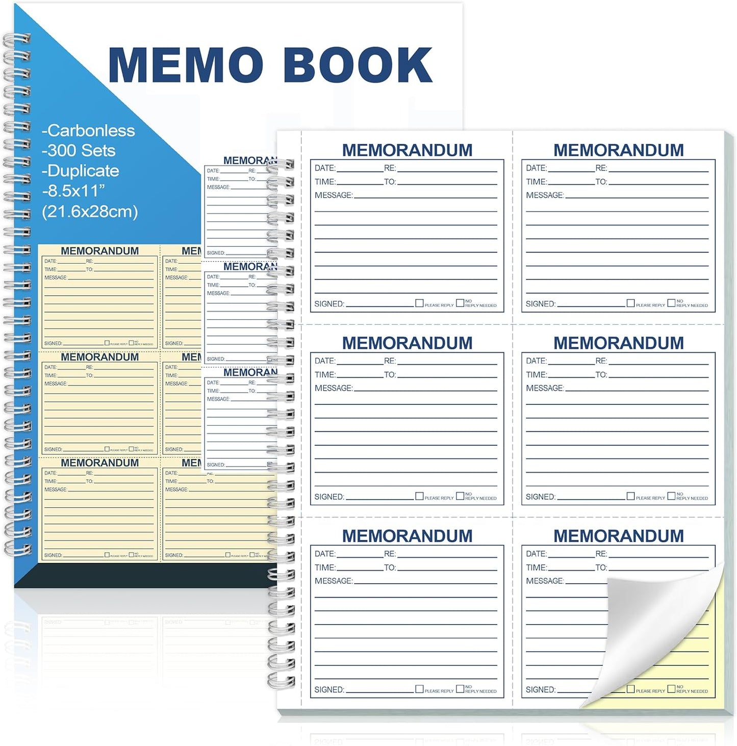 Memorandum Forms Book 300 Sets Carbonless 2 Part Duplicate Memo Pads 8.5x11 Inches Phone Message Book Spiral Bound With Tear Off Line And Writing Board Backing Suitable For Office Or School(1, Blue)