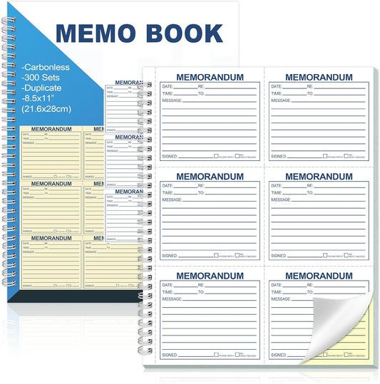 Memorandum Forms Book 300 Sets Carbonless 2 Part Duplicate Memo Pads 8.5x11 Inches Phone Message Book Spiral Bound With Tear Off Line And Writing Board Backing Suitable For Office Or School(1, Blue)