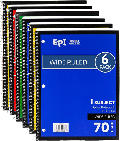 EPI Spiral Notebook | Wide - 70 Sheets, Durable Spiral Binding | 10.5 x 8 in | Classroom Supplies | School, Office, Note Taking, Journaling - 12 Pack