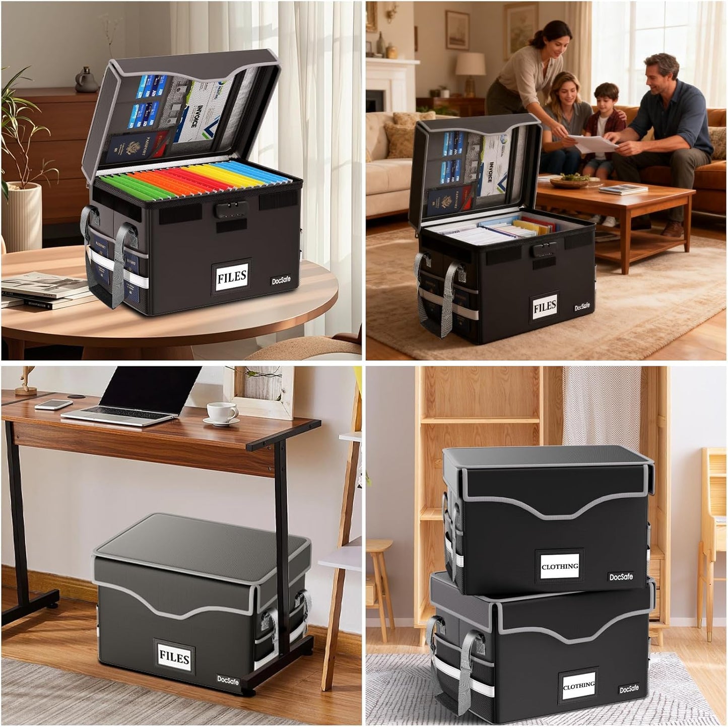 DocSafe Fireproof Document Box with Lock, File Storage Organizer with Mesh Pockets, Collapsible Portable File Box Home Office Safe Filing Cabinet with Handle for Hanging Letter/Legal Folder, Black