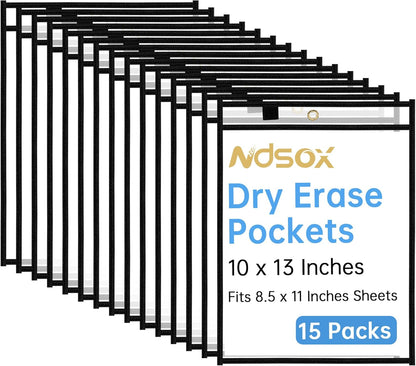 Ndsox 50 Packs Oversized Dry Erase Pockets Reusable Plastic Sleeves Clear Job Ticket Holders Heavy Duty Transparent Hanging Sheet Protectors for Teacher Classroom School Office Work Warehouse, Black