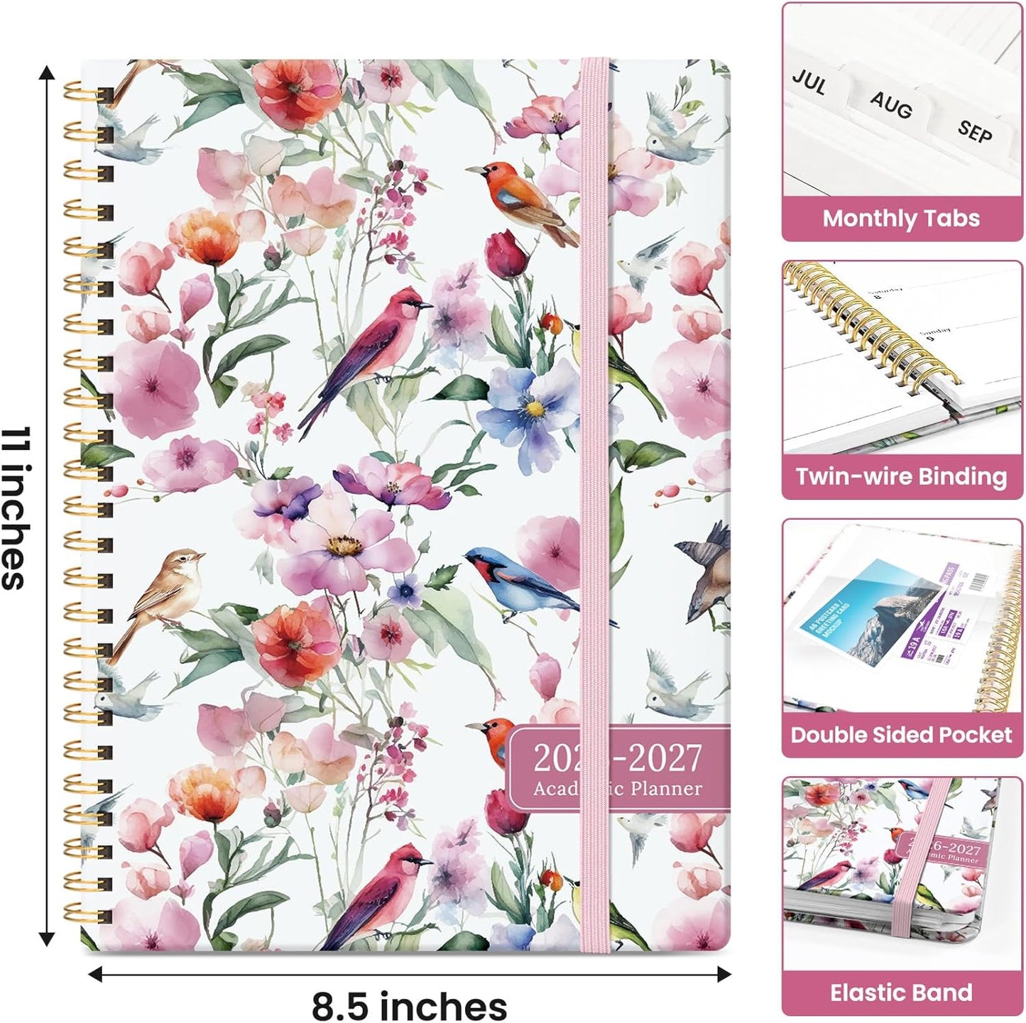 Planner 2026-2027, Academic Year Monthly and Weekly Calendar Planner, Jul 2026 - Jun 2027, Hardcover Teacher Student Planning Agenda book with Tabs, Perfect for School Office Supplies, 6.3" x 8.5" - Wildflowers