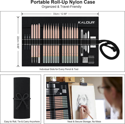 KALOUR 29 Pro Sketching Drawing Pencils Set with Roll-Up Nylon Case – 14 Graphite Pencils (14B–5H), Charcoal Pencils, Erasers, Sharpener & Stumps – Complete Art Kit for Artists & Beginner