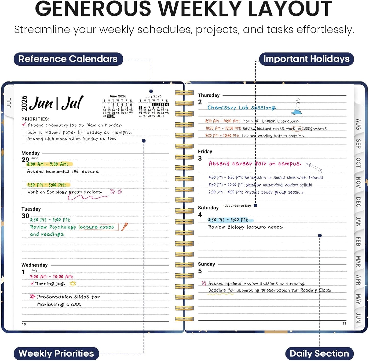 Planner 2026-2027, Academic Year Monthly and Weekly Calendar Planner, Jul 2026 - Jun 2027, Hardcover Teacher Student Planning Agenda book with Tabs, Perfect for School Office Supplies, 6.3" x 8.5" - Wildflowers