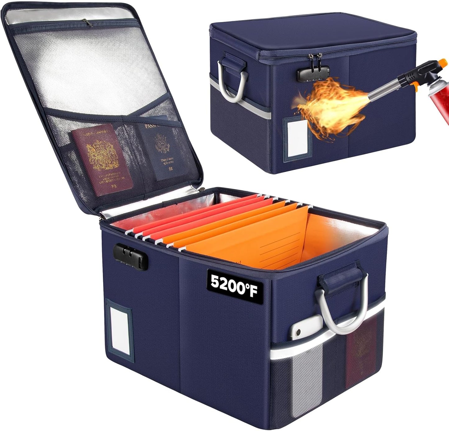 TOMKID Fireproof Document Box, Fireproof File Box with Lids, Important Document Organizer Box with Lock, Portable File Folder Organizer with Handle