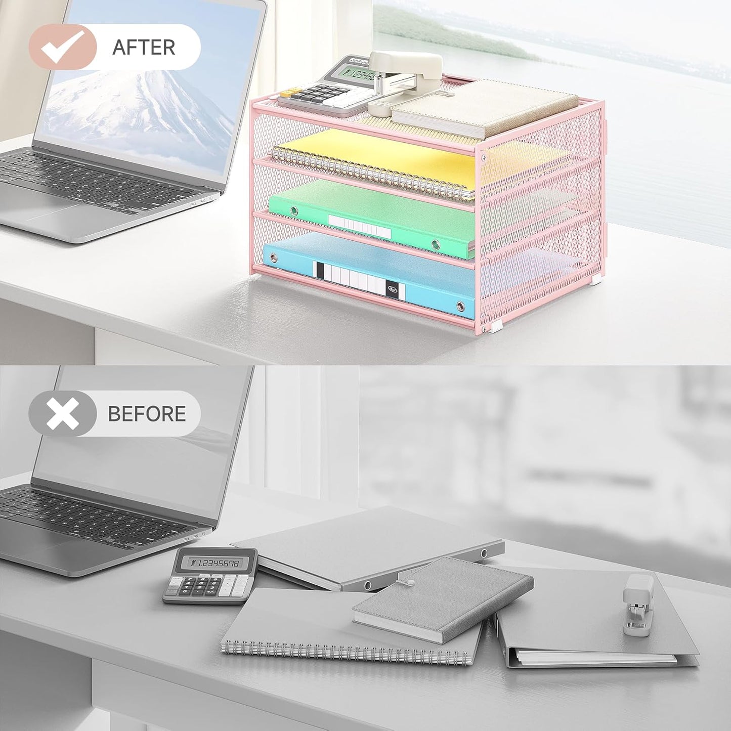 Lavatino 3-Tier Letter Tray Desk Organizer, Mesh Metal Paper File Tray Organizer for Desk, Office Supplies & Home Organization, Fits A4 Paper, Mail, Magazines & Office Accessories (Black with Handle)