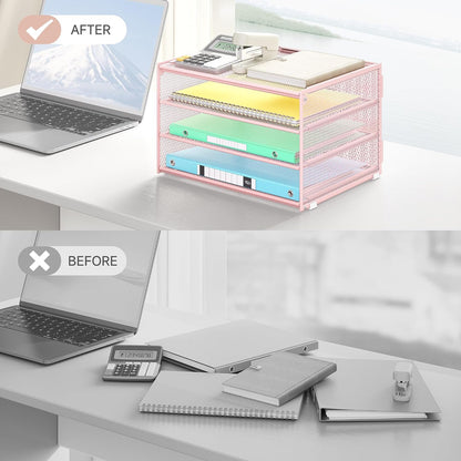 Lavatino 3-Tier Letter Tray Desk Organizer, Mesh Metal Paper File Tray Organizer for Desk, Office Supplies & Home Organization, Fits A4 Paper, Mail, Magazines & Office Accessories (Black with Handle)