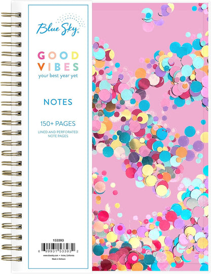 Blue Sky Good Vibes Notebook, 160 Lined And Perforated Pages, 5.75" x 8.5", Gold Durable Twin Wire Binding, Flexible Glitter Shaker Cover, Party Dots Pink