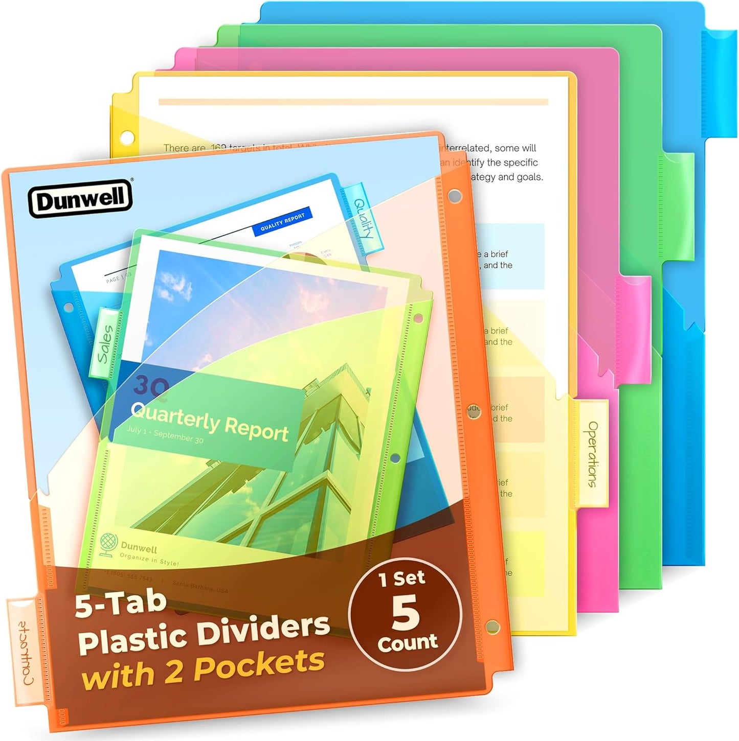 Dunwell 5-Tab Dividers with Pocket for 3-Ring Binders (3 Sets, 15 Count), Plastic One Pocket Dividers with Tabs, Slash File Jackets 3 Hole Punched for 8.5x11 Paper, Poly Pocket Notebook Dividers