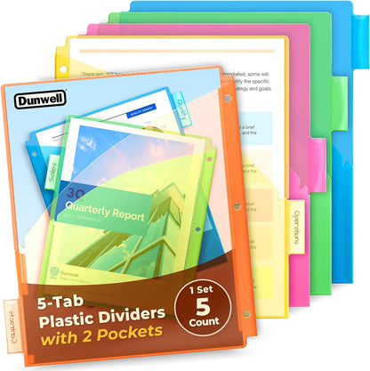 Dunwell 5-Tab Dividers with Pocket for 3-Ring Binders (3 Sets, 15 Count), Plastic One Pocket Dividers with Tabs, Slash File Jackets 3 Hole Punched for 8.5x11 Paper, Poly Pocket Notebook Dividers