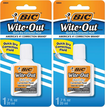 BIC Wite-Out Quick Dry Correction Fluid, 20mL, White, Goes on Easy with A Reduced Dry Time, 1-Count Pack