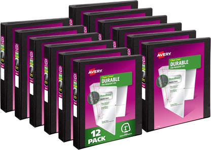 Avery Durable View 3 Ring Binders, 2 Inch Slant Rings, 530-Sheet Capacity, DuraHinge, 2.8 Inch Wide Spine, Customizable Clear Cover and Spine, Black Binders (12-Pack of 17031)