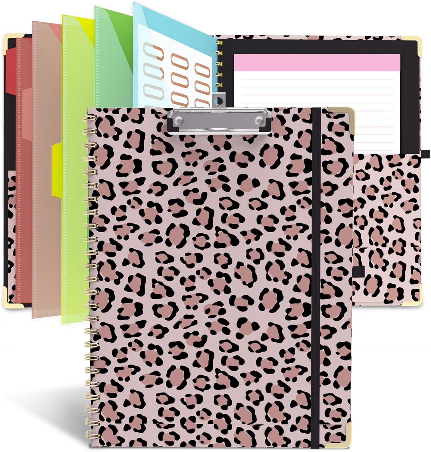 Clipboard Folio with Storage 8.5 X 11 Padfolio Notebook, Clipboards with Notepad Spiral with 10 Pockets and 5 Folders Nursing Teacher School Essentials (Pink Floral)