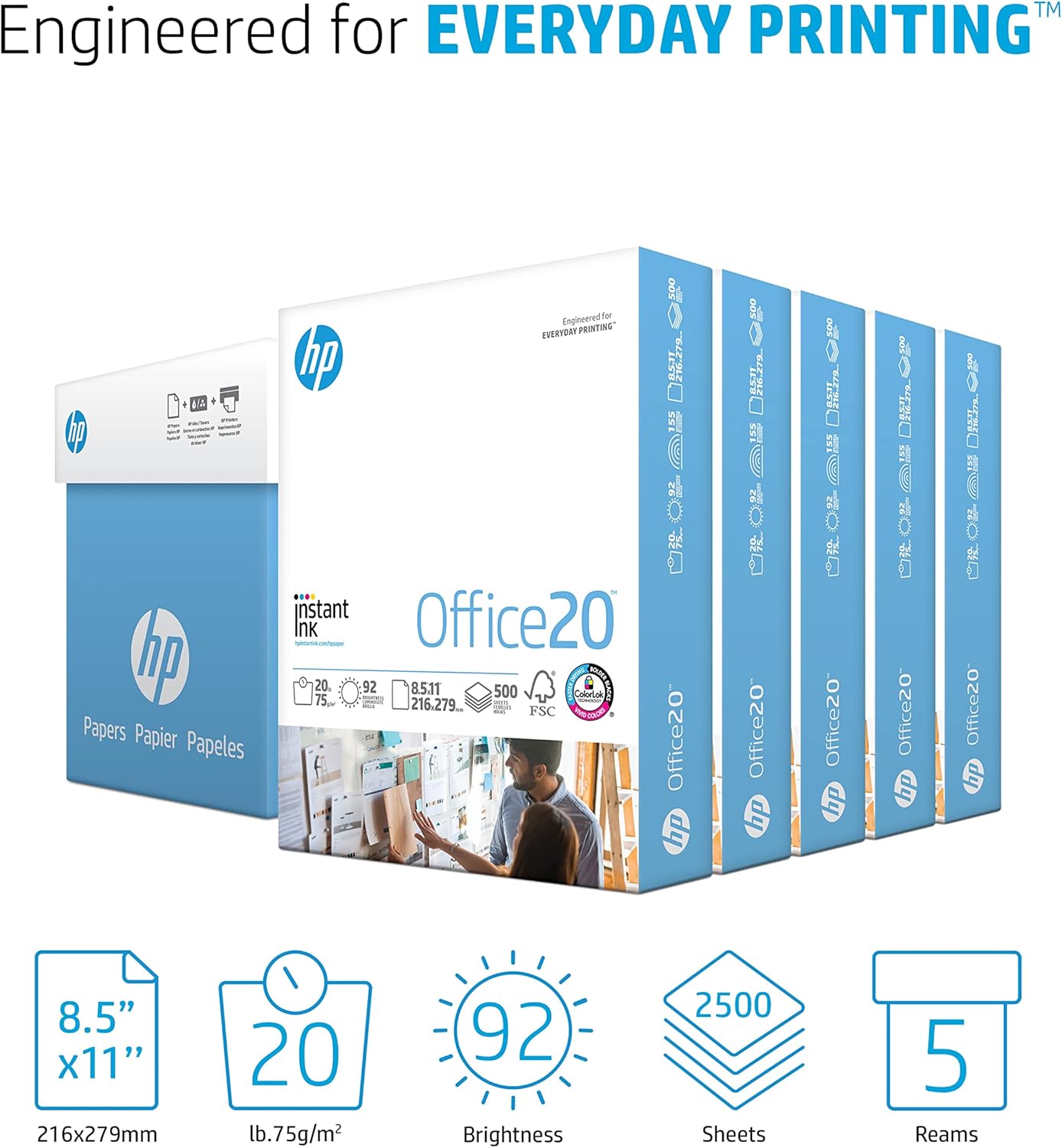 HP Printer Paper | 8.5 x 11 Paper | Office 20 lb | 3 Ream Case - 1500 Sheets | 92 Bright | Made in USA - FSC Certified | 112090C, White