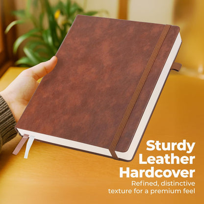 Classic Lined Journal Notebook 8.5x11" A4 Hardcover Leather - Brown - 200 Pages College Ruled Large with Sticky Tabs, Pockets, and Pen Loop for Writing and Journaling - Big Hardback Men and Women