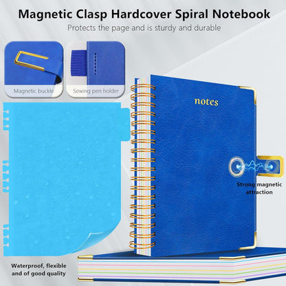 Hardcover Spiral Notebook College Ruled, 8"x10" Leather Journal Notebook with Magnetic Closure, 300 Pages 5 Subject Notebook with Dividers Tabs Journal for Women Men, Work, School(Rose Red)