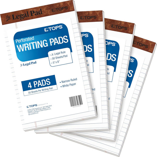 Tops 5 x 8 Legal Pads, 4 Pack, The Legal Pad Brand, Narrow Ruled, White Paper, 50 Sheets per Writing Pad, Made in the USA