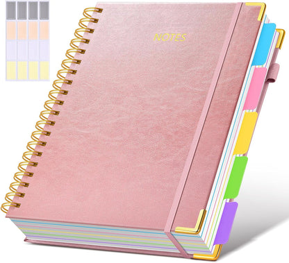 Hardcover Spiral Notebook Journal with Removable Dividers Tabs, 300 Pages Leather 5 Subject Notebook College Ruled, 8"x10" Large B5 Notebooks for Work School Note taking, Lined Journal for Women, Pink